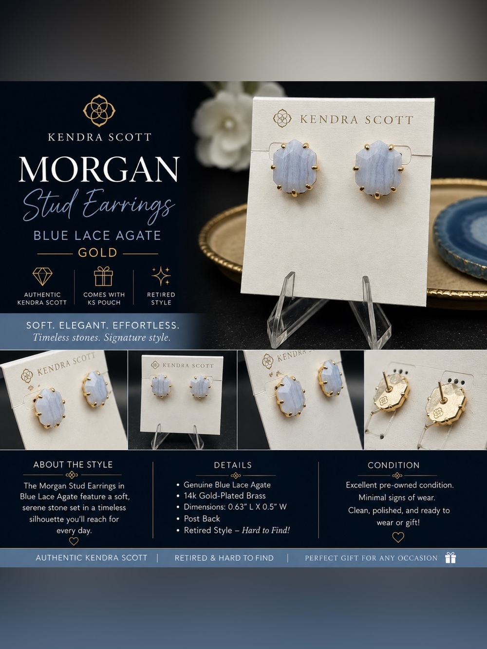 Kendra Scott Morgan Earrings in Blue Lace Agate Gold – Retired/HTF/Collector’s - Picture 1 of 5